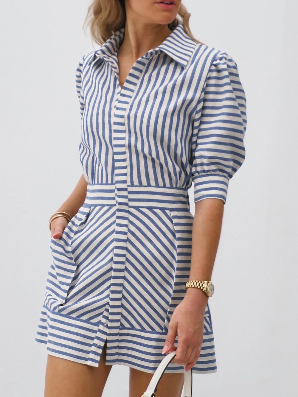 Striped Short-Sleeve Mini Dress in Blue and White